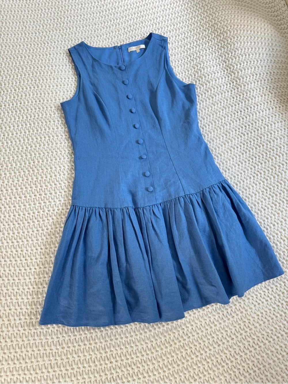 Wayf Blue Sleeveless Button-Front Drop-Waist Mini Dress